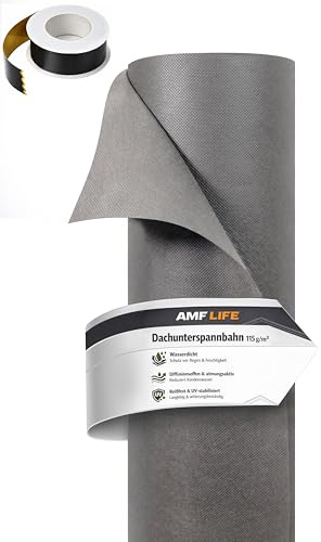 AMF Life Dachunterspannbahn Grau 0,75 x 25 m inkl. 1x Klebeband Schwarz | Unterspannbahn 115 g/m², Dachfolie, wasserundurchlässig, diffusionsoffen, UV-stabilisiert, wetterfest