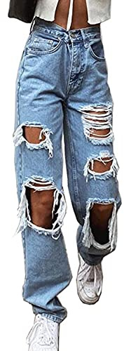 FeMereina Women Ripped Boyfriends Jeans High Waist Baggy Denim Pants Wide Leg Straight Trousers Y2k Streetwear for Teen Girls (Blue, Medium)
