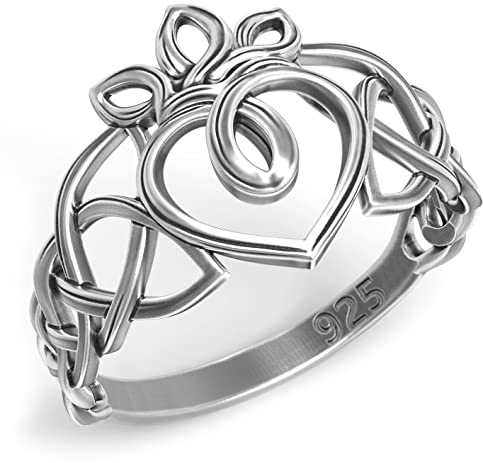 925 Sterling Silver Irish Claddagh Rings for Women - Endless Celtic Knot Love Heart Crown Ring - Unique Design Friendship Promise Engagement Wedding Bands - Valentines Day Gifts for Her (7.5)