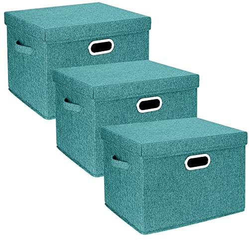 TYEERS Aufbewahrungsbox mit Deckel Groß, Stoff, Faltbare, Waschbare, Kisten Aufbewahrung mit Deckel, 44x30x29 cm, 3-Stück, Aqua Deep