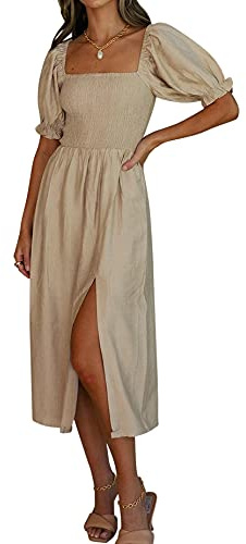 R.Vivimos Damen Casual Square Neck Rüschen Puff Kurzarm Plaid Empire Taille Schlitz Midikleid(Large,Khaki)