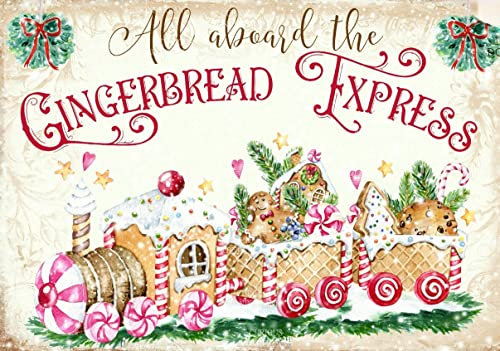 Niekea Gingerbread Train Bakery Sign - Shabby Chic Christmas Decoration Metal Gift Plaque 8 X 6 Inch