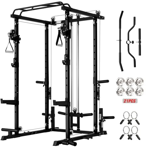 RitFit Multi-Function Power Rack Cage PPC-P3 with Adjustable Cable Crossover System,1200LBS Capacity, Full Home Gym Workout with J-Hook, Landmine and Other Attachments-Black