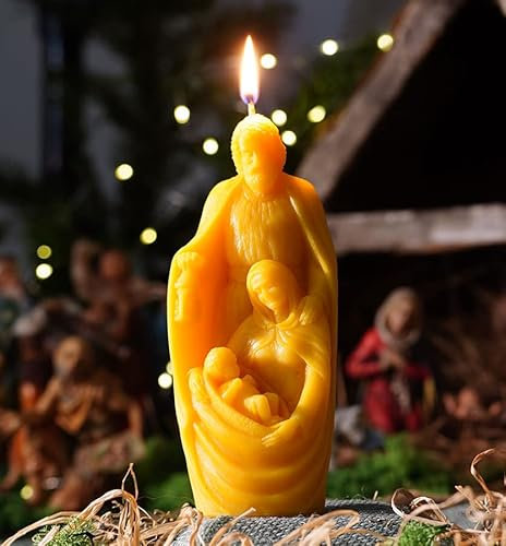 tea4chill Bienenwachskerze aus 100% Bienenwachs, Honigkerze, heilige Familie, Kerze 21,5cm hoch, Geschenk für Weihnachten, handgefertigt