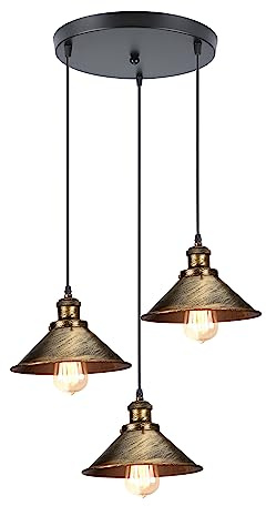 iDEGU 3-flammige Pendelleuchte Industrielle Hängelampe Stil Edison Vintage Kronleuchter mit 22cm Metall Lampenschirm E27 Fassung Bronze Hängeleuchte für Esszimmer Küche Wohnzimmer (Rondell)