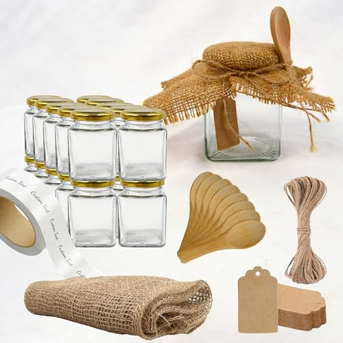 20x Pot en Verre Carré 212ml avec Couvercle + 20 Cuillères en Bois + 20 Étiquettes Kraft + 20 Étiquettes Autocollants + Tissu et Ficelle de Jute - Rangement Cuisine - Épices, Confiture, Yaourt