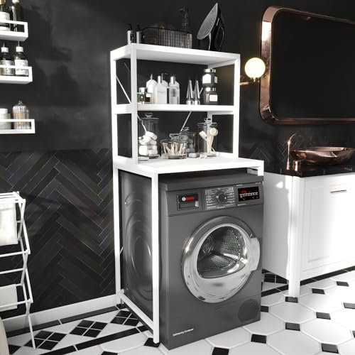 AVENSIS Washelf Drum Washing Machine Storage Rack for Multipurpose Usage, Waterproof Over Washer Shelving with Sturdy Metal Frame and Adjustable Leg Pads for Laundry & Bathroom (White + White)