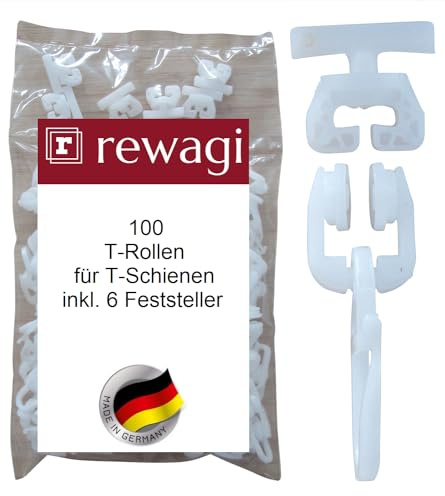 rewagi 100 T-Rollen mit Faltenhaken - inkl. 6 Feststeller - Zubehör für T-Schienen, Wohnmobil, Gardinenröllchen
