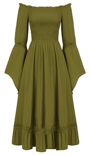 Scarlet Darkness Renässansklänning med långa ärmar och bara axlar, medeltida maxiklänning i vintagestil för kvinnor, Olivgrön, M