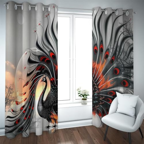 LANDOCROWN Vintage Luxus Verdunkelungsvorhang Moderne Einzigartige Fensterbehandlung Schöne Pfau Vögel Tiere Drucke Weiche Winddichte Vorhänge 2X B117 x H214 cm