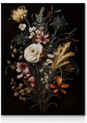 Dazzlewall Vintage Blumen Wandbilder Schwarze Botanische Leinwand Bilder Moody Blumen Poster Dunkel Academia Ästhetische Poster für Schlafzimmer Wohnzimmer 30×40 cm Ungerahmt
