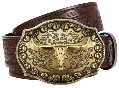JasGood Western läder cowboy bälte för män kvinnor långhorn spänne cowgirl bälte blommig graverad präglad vintage unisex bälte för jeans