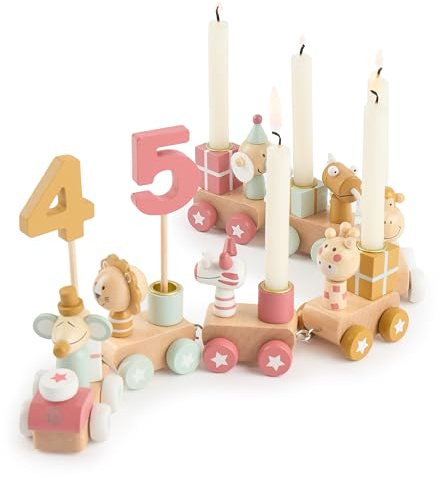 Bieco Tren de Cumpleaños Berry Look de Madera | 0-99 años con 6 velas | Tren Madera Juguete | Trenes de Juguetes para Niños Juguetes de Madera Juguetes Niño 1 Año Regalos Niño 1 Año Tren Juguete