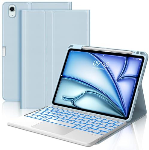 Funda Teclado con Trackpad para iPad Air 11 Pulgadas(M3 2025, M2 2024), Teclado Bluetooth Desmontable con Retroiluminación de 7 Colores y Funda Protectora para iPad Air 10.9(5ª/4ª Gen), Azul Claro