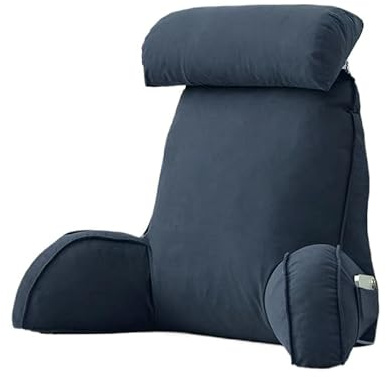 Lesekissen mit abnehmbarer Kopfstütze und Seitentasche, Bettstuhlkissen mit Armen für Lendenwirbel-/Nackenstütze, ergonomisches Kissen zum Sitzen im Bett, Sofa, Büro (75 × 40 × 50 cm) (Blau)