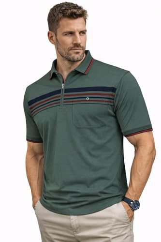 Soltice Herren Kurzarm Poloshirt, Polohemd Kragen, Gestreifte Blousonshirt mit Brusttasche aus Baumwoll-Mix (3XL), [MS5] Oliv