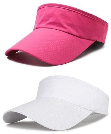FOUNSHO 2 PCS Viseras para Mujer Hombre, Transpirable Gorras de Verano Malla Ajustable Sombrero Vacía Anti-UV Deportes Visor Cap para Golf Tenis (FR/ES, Letras, M, L, Rosa Roja+Blanco)