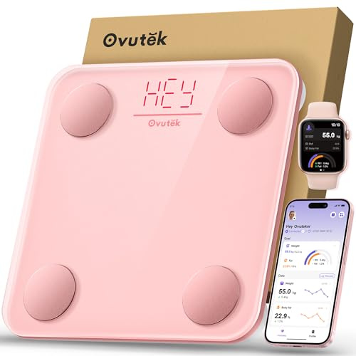 Ovutek Smart Scale for Body Weight, Body Fat Scales BMI Weighing, Accurate 14 Body Composition Monitor Digital Scales with Blutooth Smartphone App, Pink Bathroom Scale Compact Size 180kg