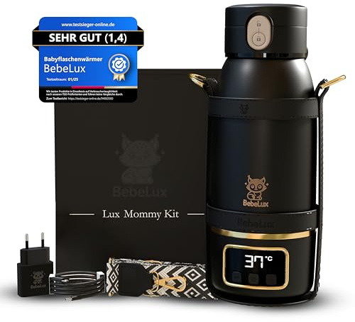 BEBELUX Mommy Kit värmare – elektrisk babymjölksvärmare för resor | 36 W USB-C snabbladdning | BPA-fri | perfekt temperaturkontroll | groddar och läckagesäker | långvarigt batteri (svart)