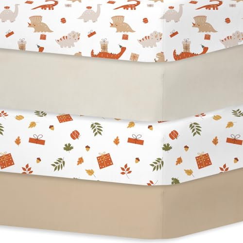 Little Grape Land Lot de 4 draps-housses pour lit bébé - 60 x 120 cm - Dinosaures, feuilles, kaki, beige