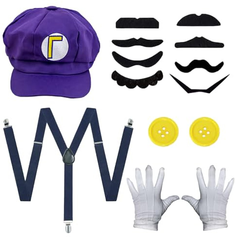 Mario Kostüm Accessoires Super Bros Kostüm für Cosplay mit Kappen Handschuhe Schnurrbärte Knöpfe Hosenträger Herren Damen Kind Karneval Faschingskostüme Halloween Outfits Cosplay Mottoparty Set