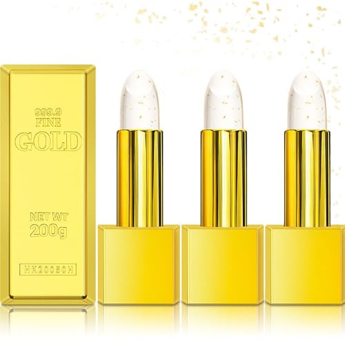 Transferproof Color Changing Lipstick with Gold Foil, Fake Golden Bar Transparent Gold Crystal Color Changing Lipstick, 24 Hours Long Lasting Lipsticks, PH Moisturizing Glossy Shine Lip Gloss (3PC)