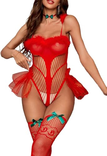 Rayson Lingerie Sexy pour Noël Ensemble de Lingerie en Dentelle Rouge Chemise de Nuit en Résille avec Bas Maille Femme Dentelle