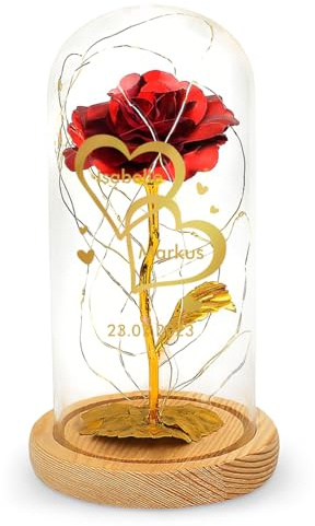 Love Faith - Je t'aime - Rose éternelle sous Cloche en Verre avec lumière LED personnalisée avec Noms et Date Anniversaire