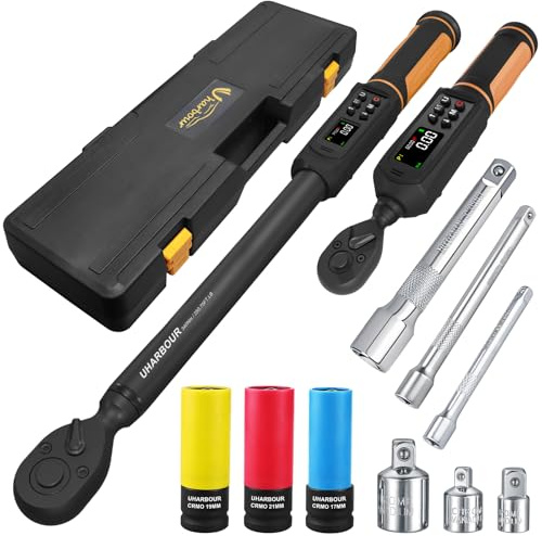 Uharbour Digital Torque Wrench Set, 1/2&3/8 Torque Wrench Digital with Dual Direction Ratchet, 3.8-250.8 Ft.lb & 0.66-44.29Ft.lbs Range, ±1% Accuracy with Vibration, Buzzer and LED Alert