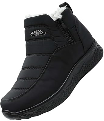 Winter Boots for Women UK Wide Fit, Waterproof Mid Calf Snow Boots with Warm Fleece Lining, Non-Slip Outdoor Traction Sole, Easy Pull-On Design for Walking Comfort Arch Support