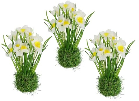 Künstliche Narzissen im Gras 3er Set – 22 cm Gelb-Weiß Kunstblumen Frühling – Deko Osterdeko Tischdeko Fensterbank – Pflegeleichte Kunstpflanzen Topf
