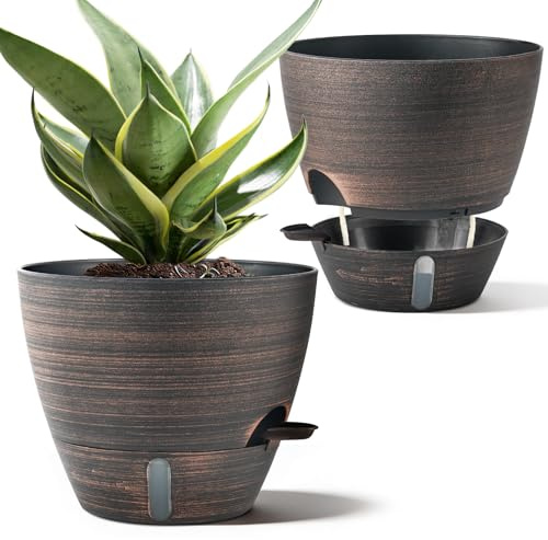 ZMTECH 25 cm planteringskrukor med bevattningsläpp självvattnande planteringskrukor med dräneringshål och avtagbar underskål plastkrukor (brons, set om 2)