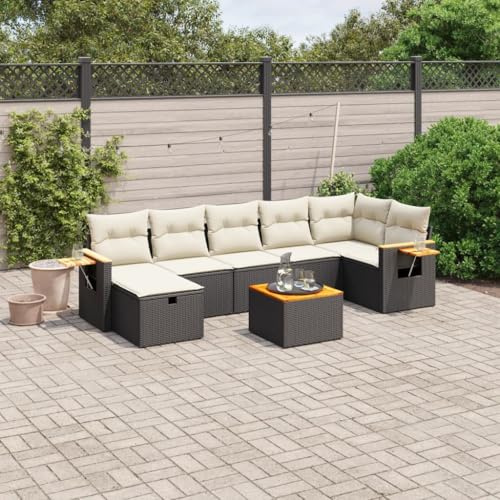 Kaloriko 8-TLG. Garten-Sofagarnitur Schwarz, Polyrattan Loungeset mit Cremeweißen Kissen, Modulares Outdoor Möbelset für Terrasse, Balkon und Gartenbereich