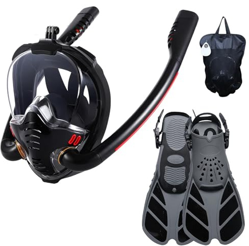 Schnorchelmaske Tauchmasken Unisex-Vollgesichts-Schnorchelmaske und Flossen-Set – kristallklare 180°-Panoramasicht, sicherer, auslaufsicherer Verschluss(Black,L/XL)