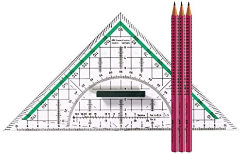 Faber Castell 177090 - Zeichendreieck groß, mit Griff (1, Inkl. 3 Bleistifte [HB] brombeer)