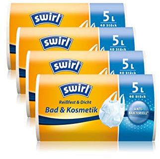 Swirl Tragegriff-Müllbeutel, 5 Liter, Antibakteriell, 4 Rollen mit je 40 Beuteln, Weiß