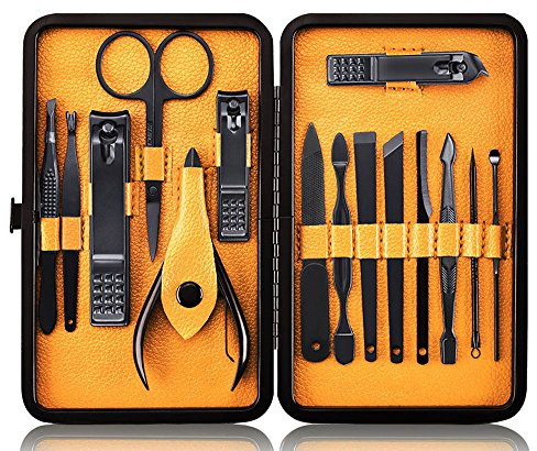 Keiby Citom Professional Stainless Steel Nail Clipper Travel & Grooming Kit Nail Tools Manicure & Pedicure Set of 15pcs with Luxurious Case (Black/Yellow)