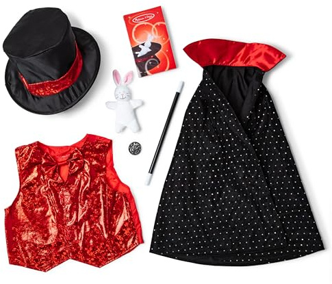 Melissa & Doug Magician Costume, Pretend Play Dress Up Set (8-Pc) Hat, Cape, Wand, & Accessories, Role Play Toys for Kids 3+