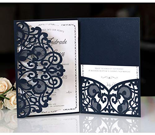BLUGUL 10 Pezzi Matrimonio Invito, Carte di Invito a Nozze, Hollow Floral Design, con 2 Carte Vuote, Blu Navy