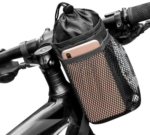Caudblor Bike Water Bottle Holder Bag for Kid Adult, Insulated Bicycle Coffee Cup Holders with Phone Storage, Black Handlebar Drink/Beverage Container for Walker/Cruiser/Exercise/Mountain Bike