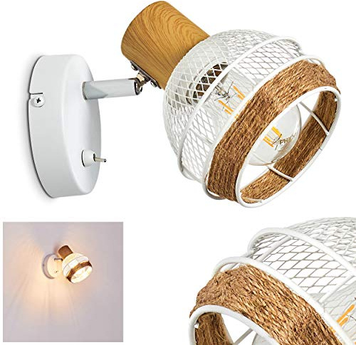 Wandleuchte Bariloche, verstellbare Wandlampe aus Metall/Holz/Hanfseil in Weiß/Chrom/Natur, 1-flammig, E27, Wandspot in Gitter-Optik m. An-/Ausschalter am Gehäuse, ohne Leuchtmittel