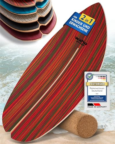 WAHU Balance Board Burning Red | 3in1 Set | Surf Balance Board aus 100% Holz mit Rocker Shape & Rolle | Gleichgewichtstrainer für Kinder & Erwachsene | Fitness & Spaß Zuhause