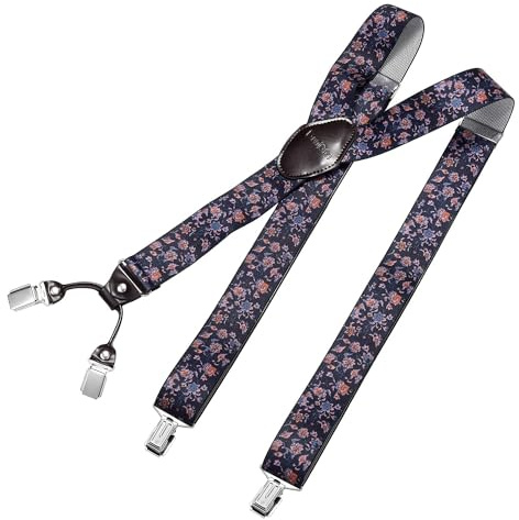 DonDon Bretelle da uomo eleganti extra forti 3,5 cm con 4 clip e toppa in pelle marrone - Fiori
