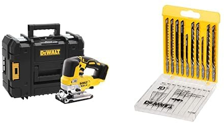 DEWALT Scie Sauteuse à Poignée Supérieure Brushless XR 18V Li-ion, Sans Fil avec Coffret TSTAK et Éclairage LED, Courses à Vide 3200tr/min, Coupe Bois 135mm, Acier 10mm + Coffret 10 Lames
