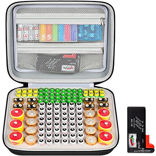 Batterie Organizer Aufbewahrungskoffer, 118+ Batterien Tragehalter Container Box Doppelte Mesh Taschen für AA AAA 9V C D mit BT-168 Batterie Tester (Batterien sind nicht enthalten)