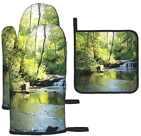 Oven Mitts and Pot Holders 3 pcs Kitchen Oven Gloves Forest France Trees Stream Oven Mitt Heat Resistant Oven Glov with Lanyard Non-Slip Oven Mittens for Cooking Microwave