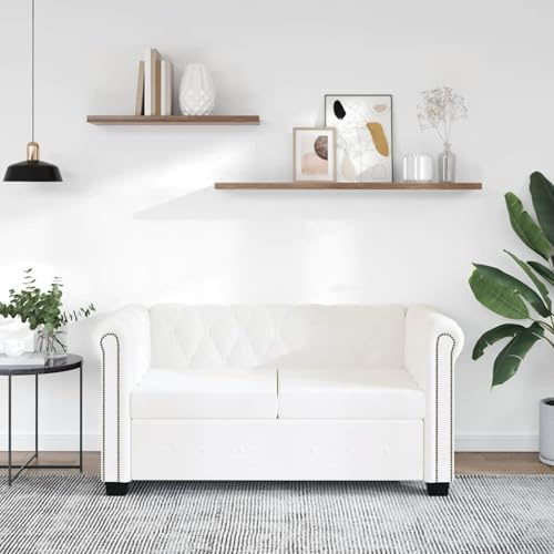 Gecheer Chesterfield-stil 2-sits soffa Chesterfield-soffor, bäddsoffa, vilastol, vardagsrumssoffor, soffbord, moderna soffor i konstskinn, vit