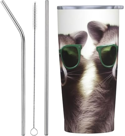 Bicchiere da 590 ml in acciaio inox con coperchio e cannuccia, divertente procione verde, occhiali da sole a doppia parete, isolato sottovuoto, tazza da caffè da viaggio, per casa e ufficio