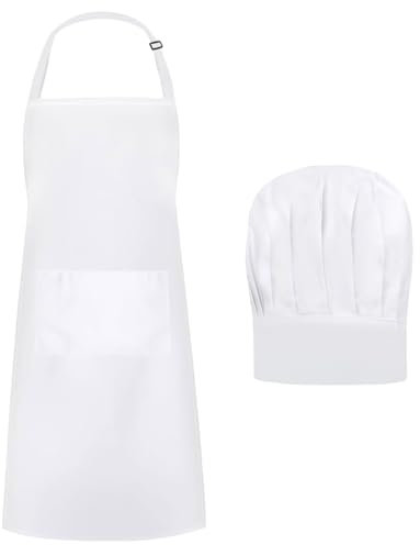 AOROPS Kochmütze Schürze Set, Verstellbare Latzschürze Kochschürze, Männer Frauen Weiß Kochmütze Atmungsaktive Backschürze mit zwei Taschen für Küche Hause Restaurant Hotel