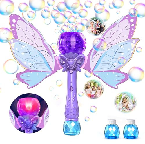PANACARE Schmetterling Seifenblasenstab, elektronische Seifenblasenmaschine für Kinder 5000+Blasen/Min mit 2 Seifenblasenlösung/LED, Seifenblasenspielzeug Geschenk für Mädchen&Junge 345678 (Purple)